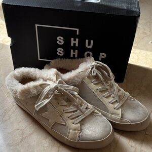 NWT Gold ShuShop Cream Fur-Trimmed Sneakers/Slipons - sold out!